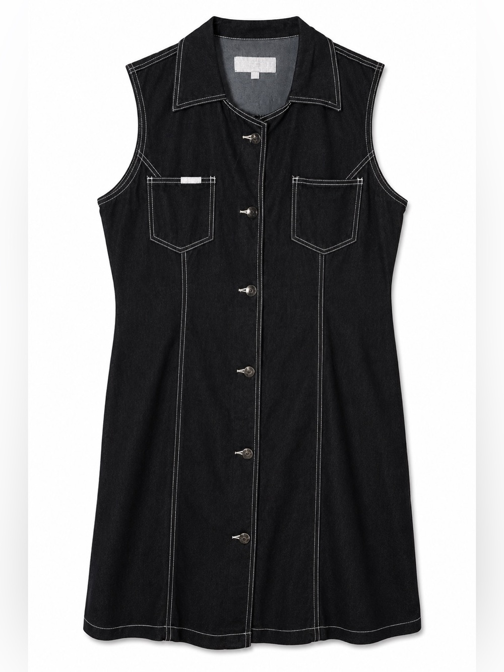 Black Jean Sleeveless Button-Front Shift Dress